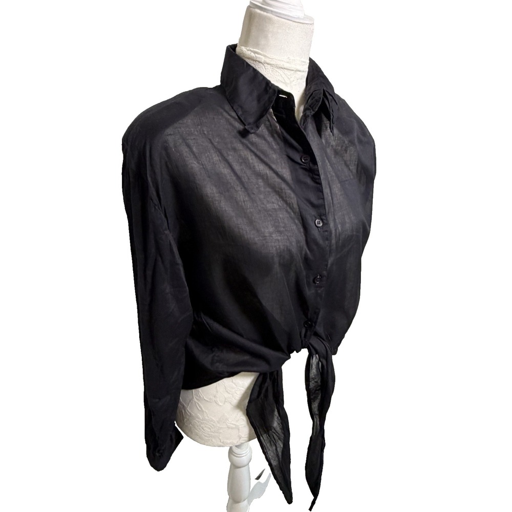 Vtg Sandy Starkman Black Button Front Tie Blouse~M~Tissue Cotton Shoulder pads